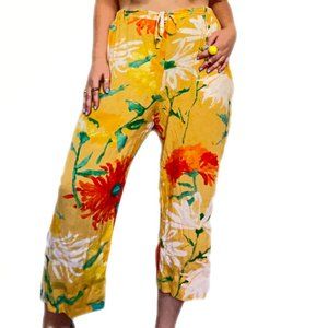 Vintage 90s Jams World Yellow Waist Tie Floral Pants Cropped Sz M Print Spider